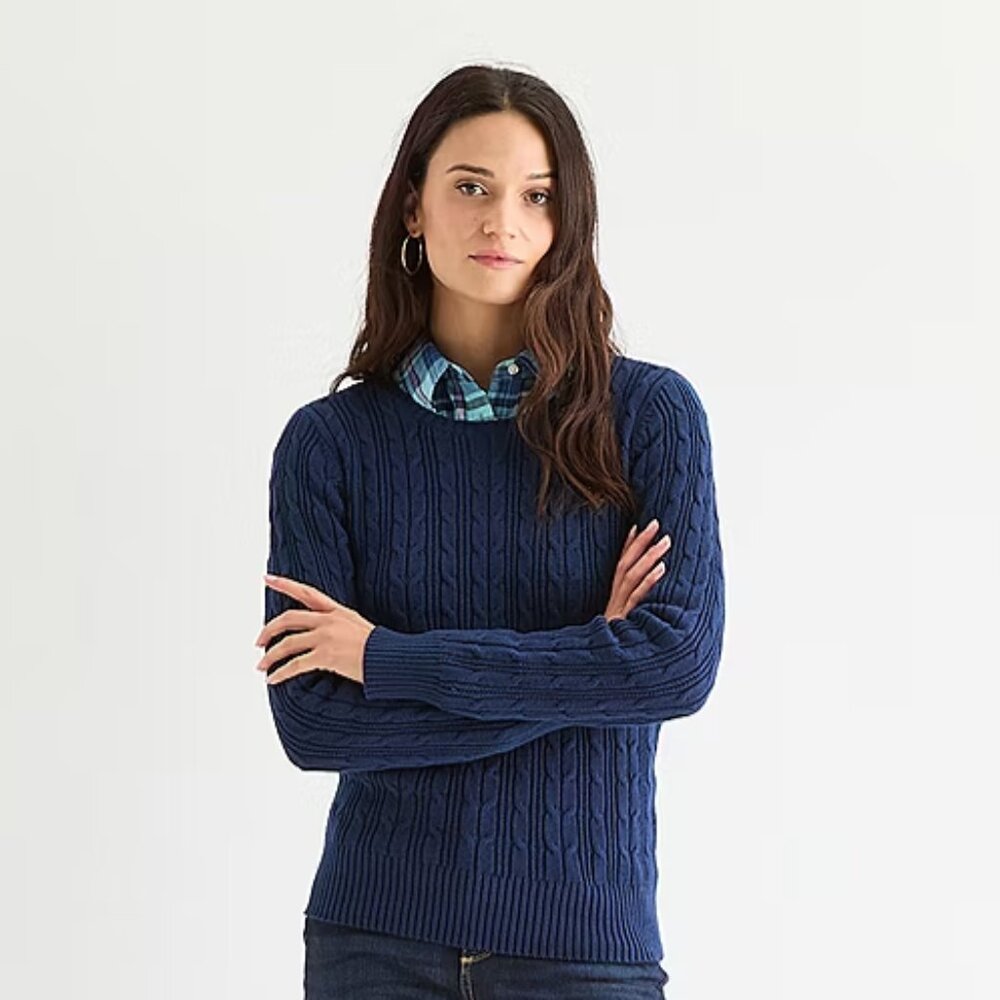 NWT St. John's Bay Women’s Crew Neck Long Sleeve Cable Knit Pullover Sweater, XL